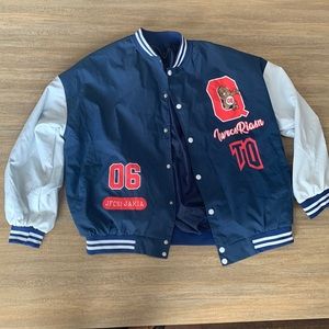 Blue and white bomber jacket, size large